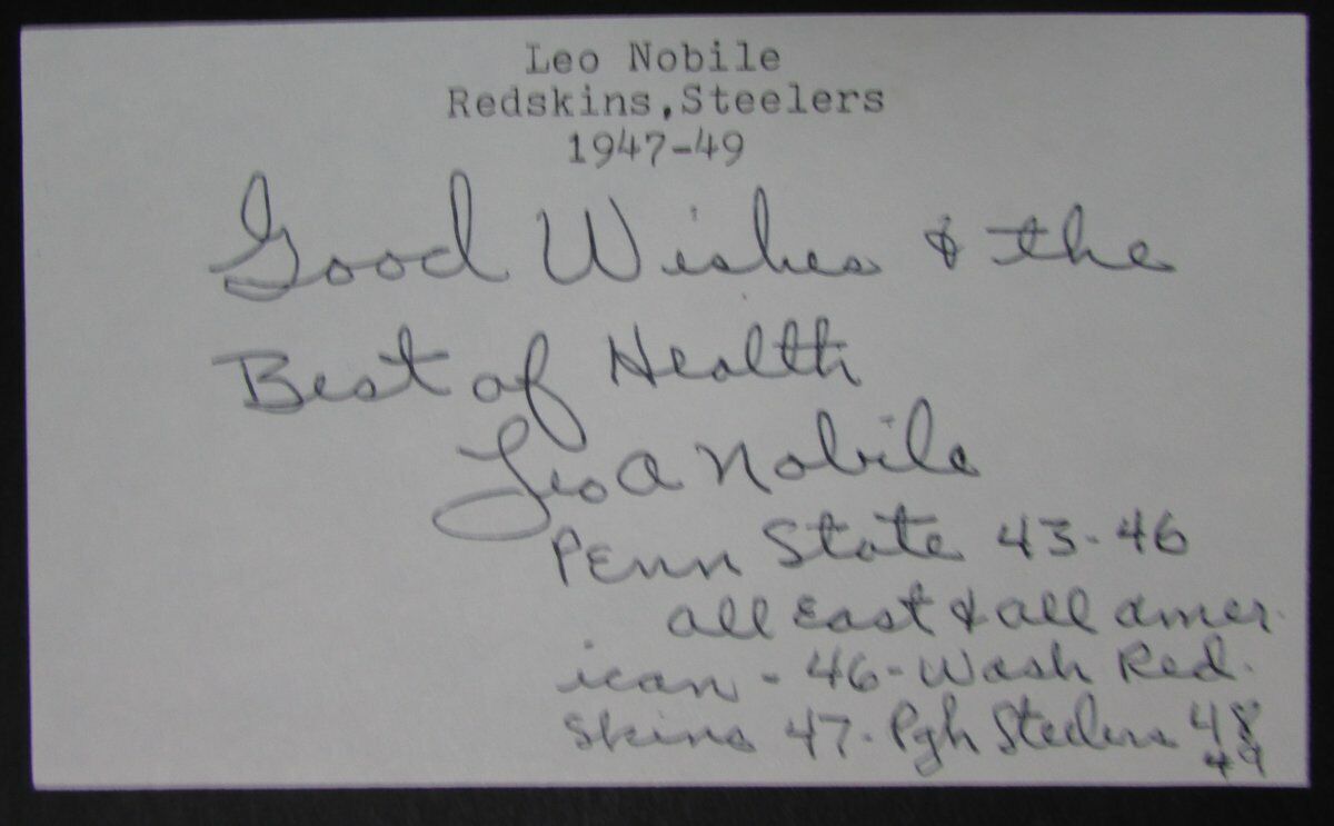 Leo Nobile Penn State Nittany Lions/Redskins/Steelers Signed 3x5 Card 145406