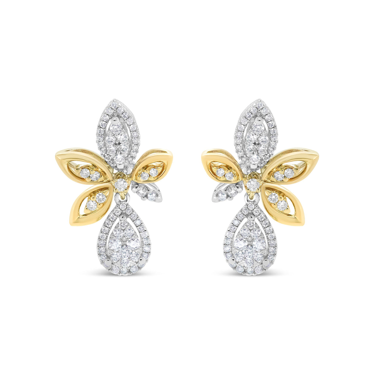 14K White and Yellow Gold 1.00 Cttw Round Pave-Set Diamond Teardrop and Marquise Shape Drop Dangle Earrings (H-I Color, SI1-SI2 Clarity)