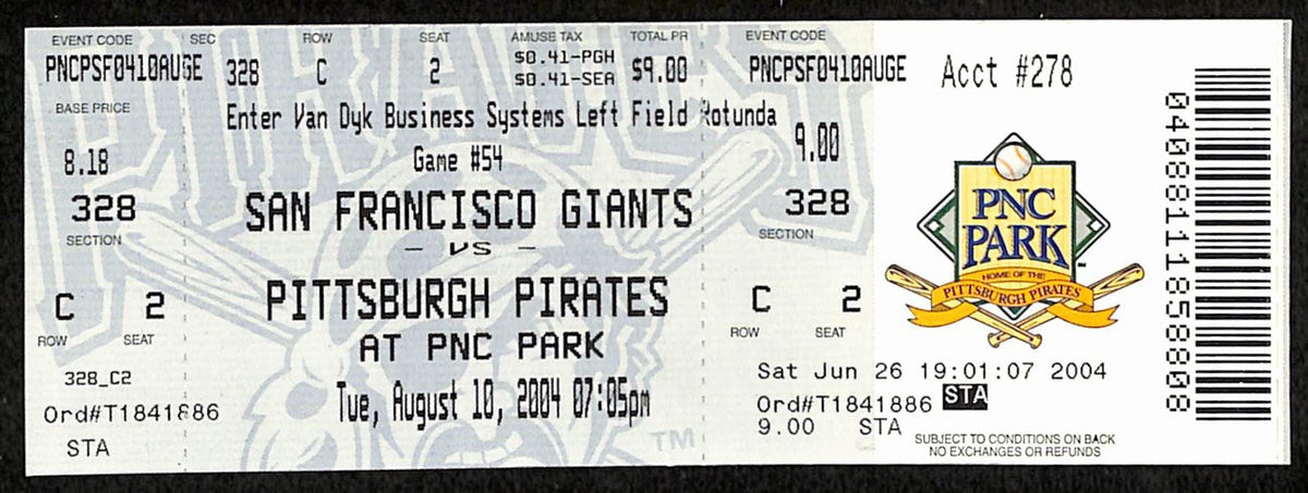 Barry Bonds Homerun #688 13th Season with 30+ HRs  Full Ticket Giants 8/10/2004