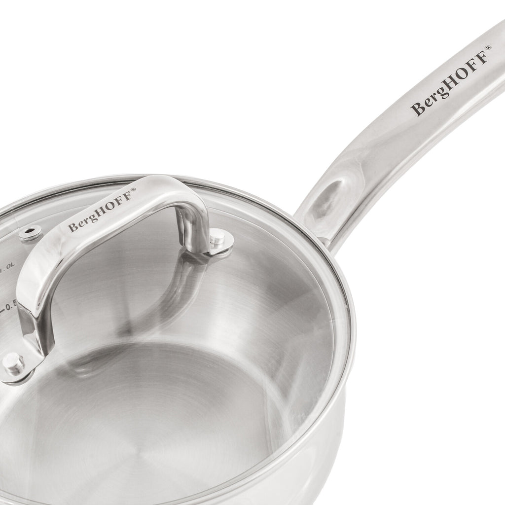 BergHOFF Belly Shape 18/10 Stainless Steel 6.25" Sauce Pan with Glass Lid, 1.5qt.