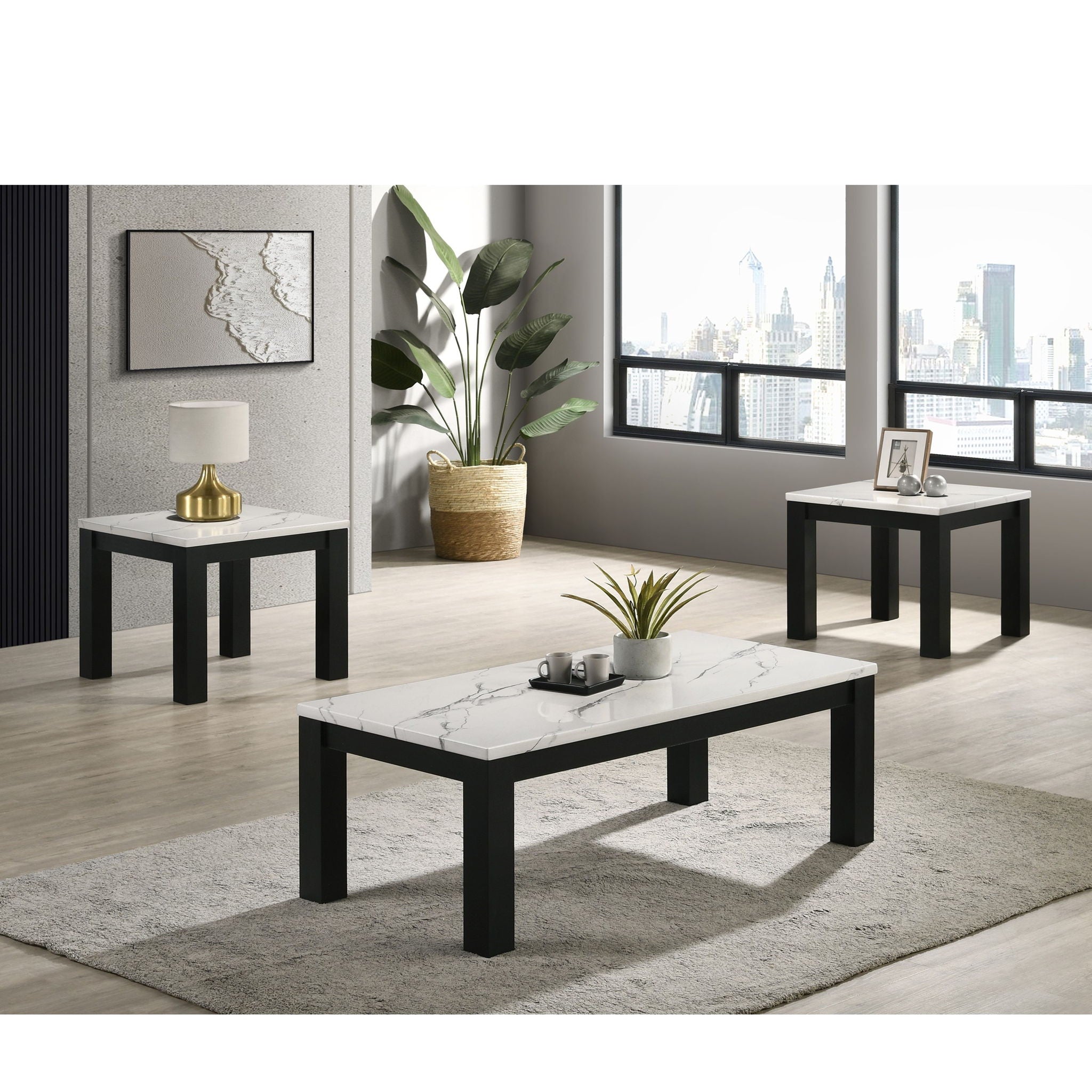Modern 3 Piece Living Room Table Set With Faux Marble Top - Black / White