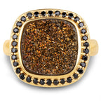 14K Yellow Gold Plated 6.19 Carat Genuine Drusy Quartz and Black Spinel .925 Sterling Silver Ring