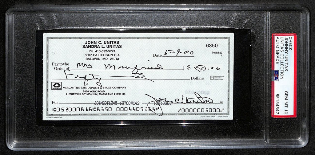 Johnny Unitas HOF Signed/Auto 2000 Bank Check Colts PSA/DNA GEM MT 10 192624