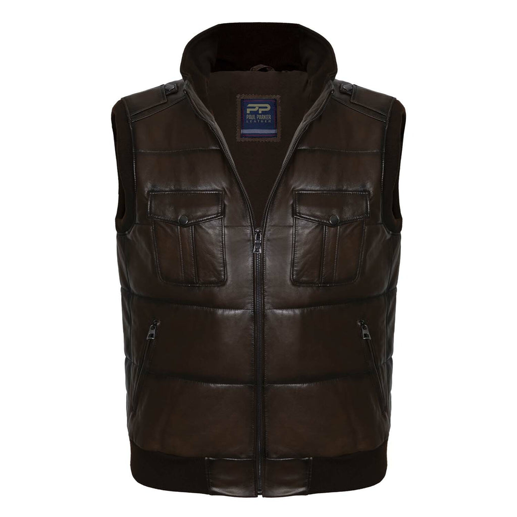 Zip Up Utility Striped Quilted Vest // Brown