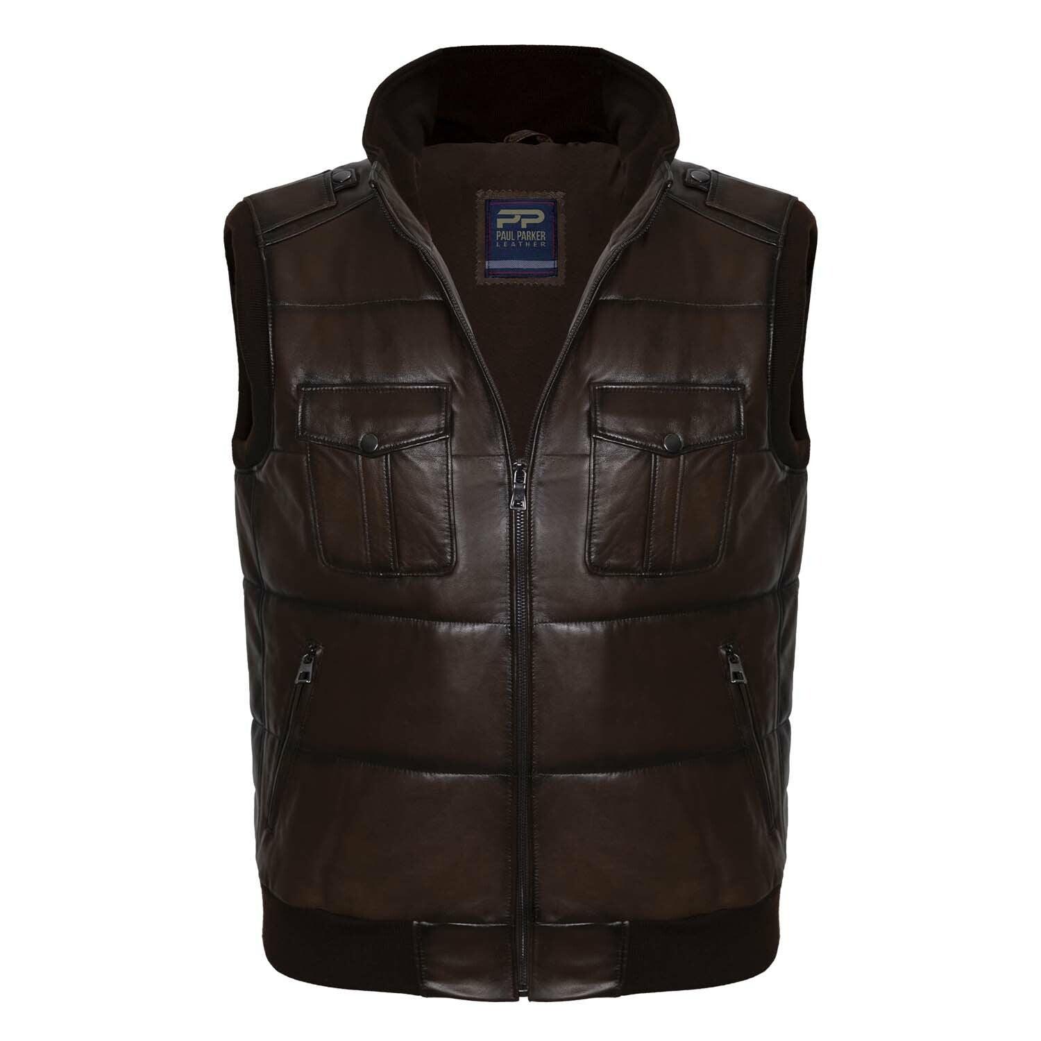Zip Up Utility Striped Quilted Vest // Brown