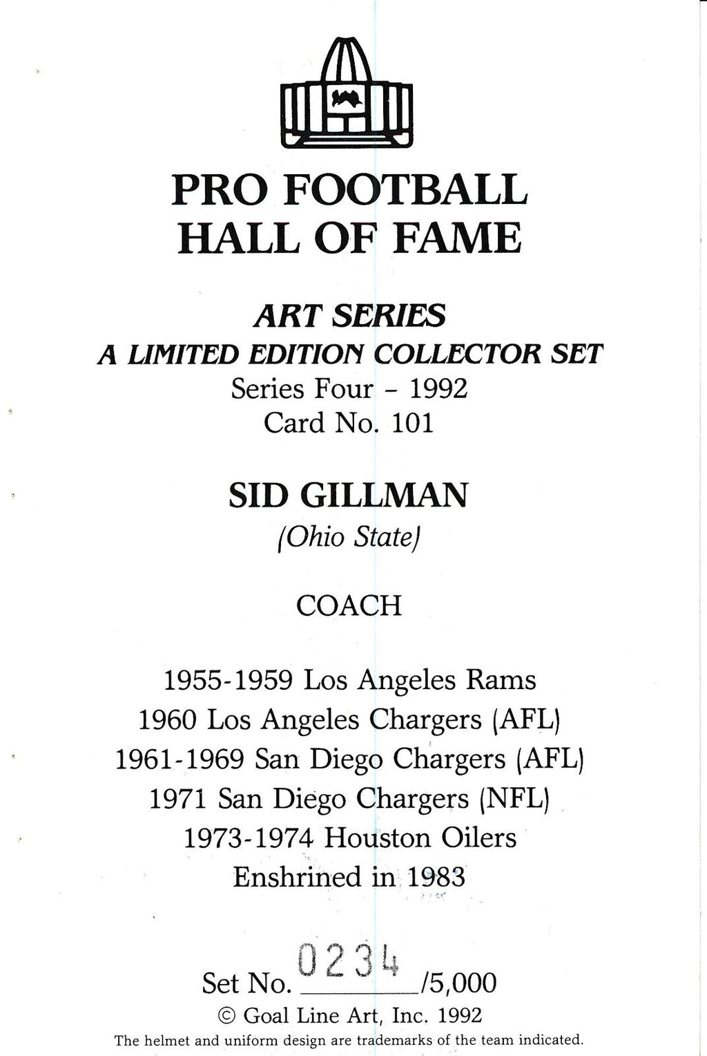 Sid Gillman HOF Goal Line Art GLAC Postcard San Diego Chargers JSA