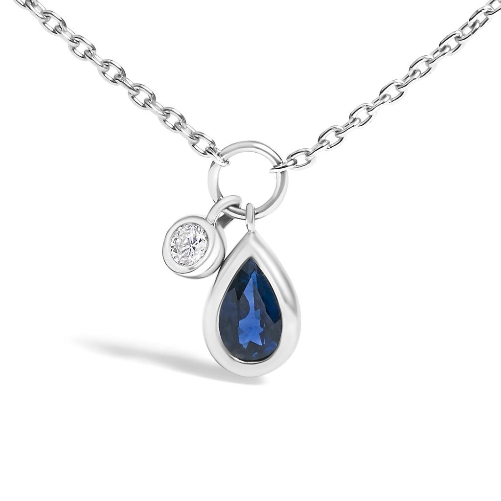 10K White Gold 6x4 mm Pear Blue Sapphire and Diamond  Accent Charm Pendant Necklace - 18" Inches