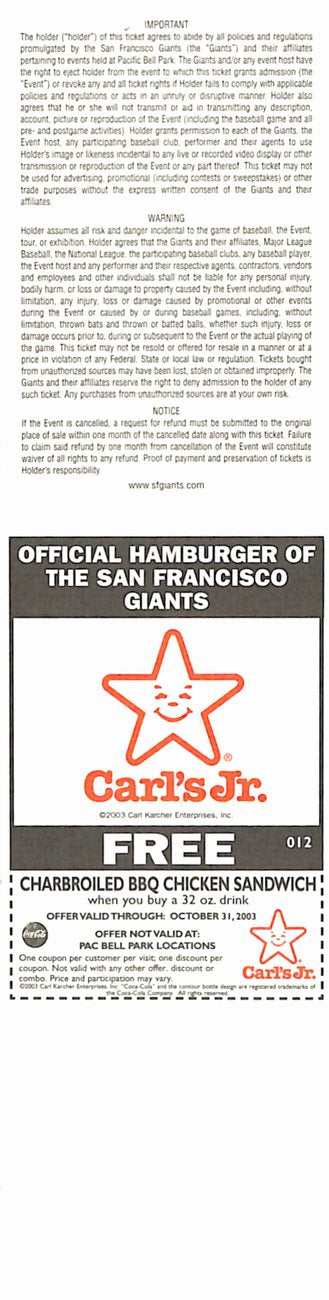 Andres Galarraga 2,000th Strike Out Full Ticket Giants 9/27/2004