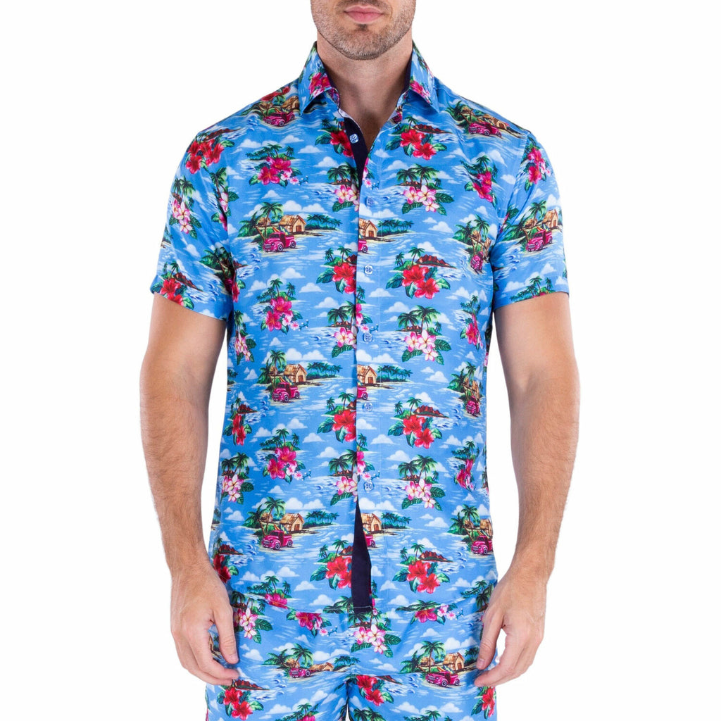 Island Time Short Sleeve Button Up Shirt // Blue