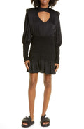 FARM Rio Smocked Mock Neck Cutout Long Sleeve Dress in Black, Size Large