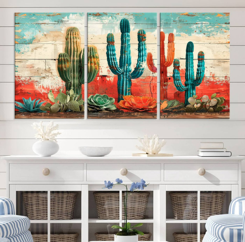 Colorful Cacti Wall Art | Framed Vibrant Succulent Canvas