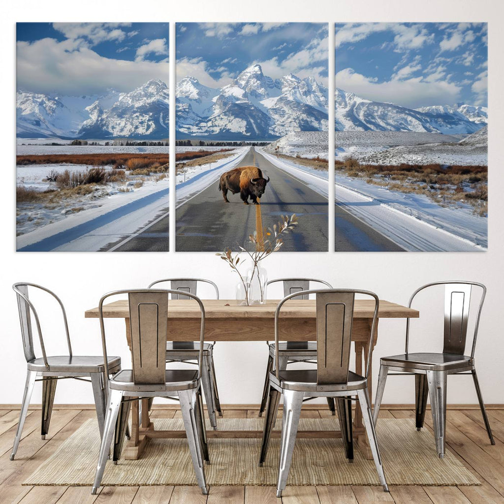 Bison Wall Art | Snowy Road Wall Art | Framed Mountain Landscape Canvas
