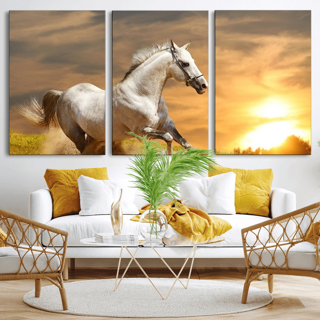 Large Wall Art Galloping White Horse at Sunset Canvas Print