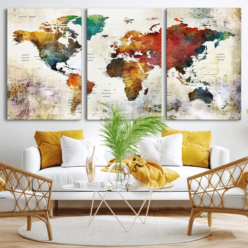 Watercolor World Map Canvas Print | Framed Travel Map Wall Art for Couples