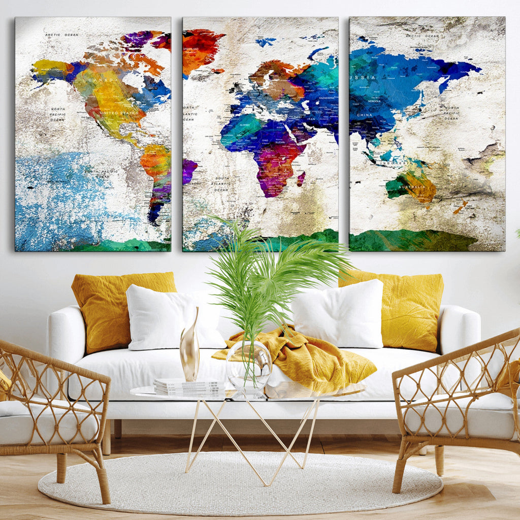 Navy Blue and Orange Watercolor World Map Canvas Print | Framed Travel Map