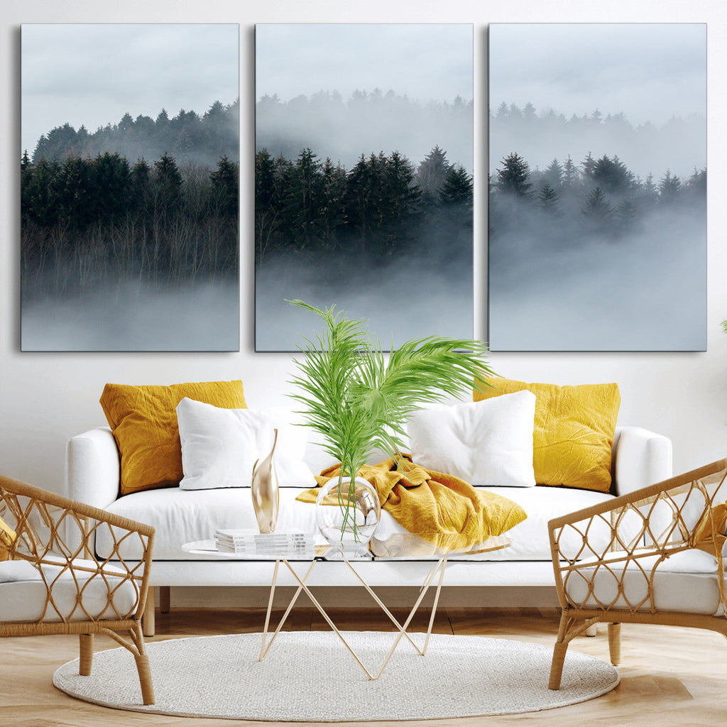 Autumn and Misty Trees in the Forest Wall Art Canvas Print, Foggy Forest Mountain Wall Art