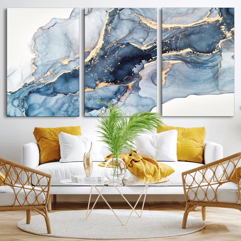 Blue Abstract Canvas Wall Art Print | Fluid Marble Effect Abstract Art