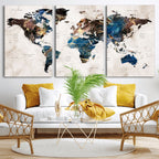 Abstract Earth Tone Blue World Map Canvas Print | Framed Travel Map Wall Art