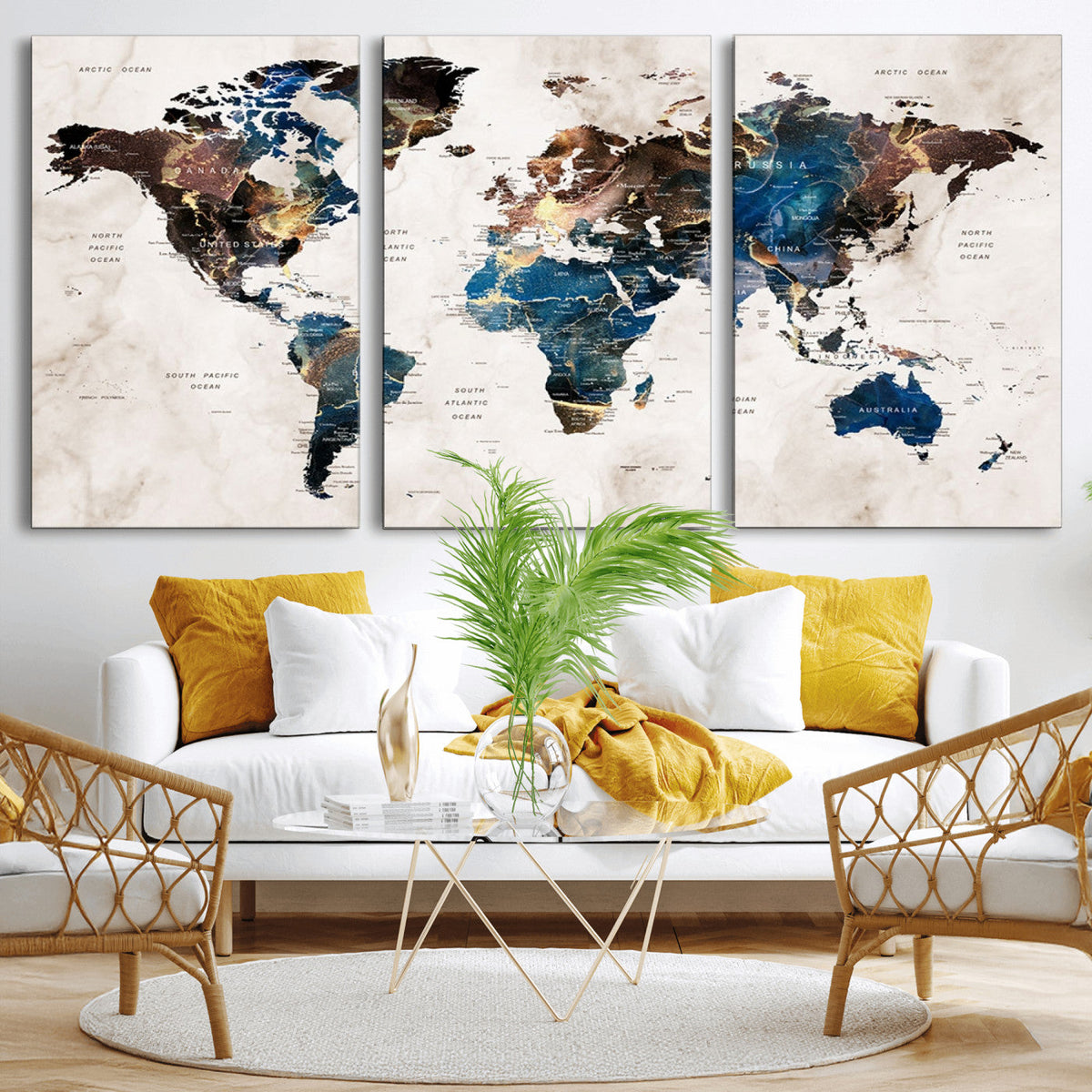 Abstract Earth Tone Blue World Map Canvas Print | Framed Travel Map Wall Art