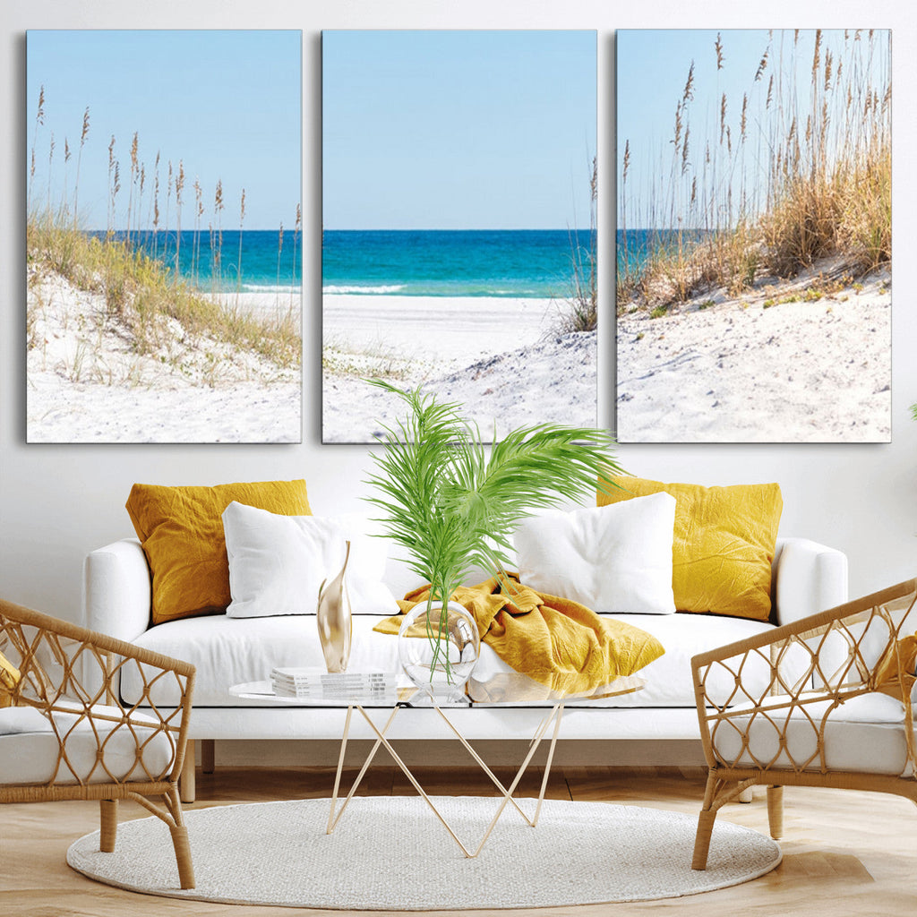 Serene Coastal Dune Path with Ocean View, 3-Panel Beach Canvas Wall Art