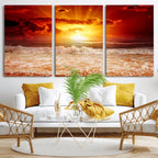 Red Sunset Ocean Beach Canvas Wall Art, Coastal Sunset Print