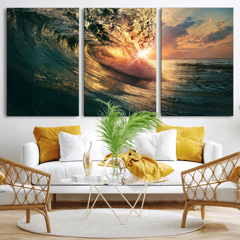 Ocean Wave Sunset Canvas Wall Art | Triptych Seascape Print