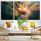 Ocean Wave Sunset Canvas Wall Art | Triptych Seascape Print