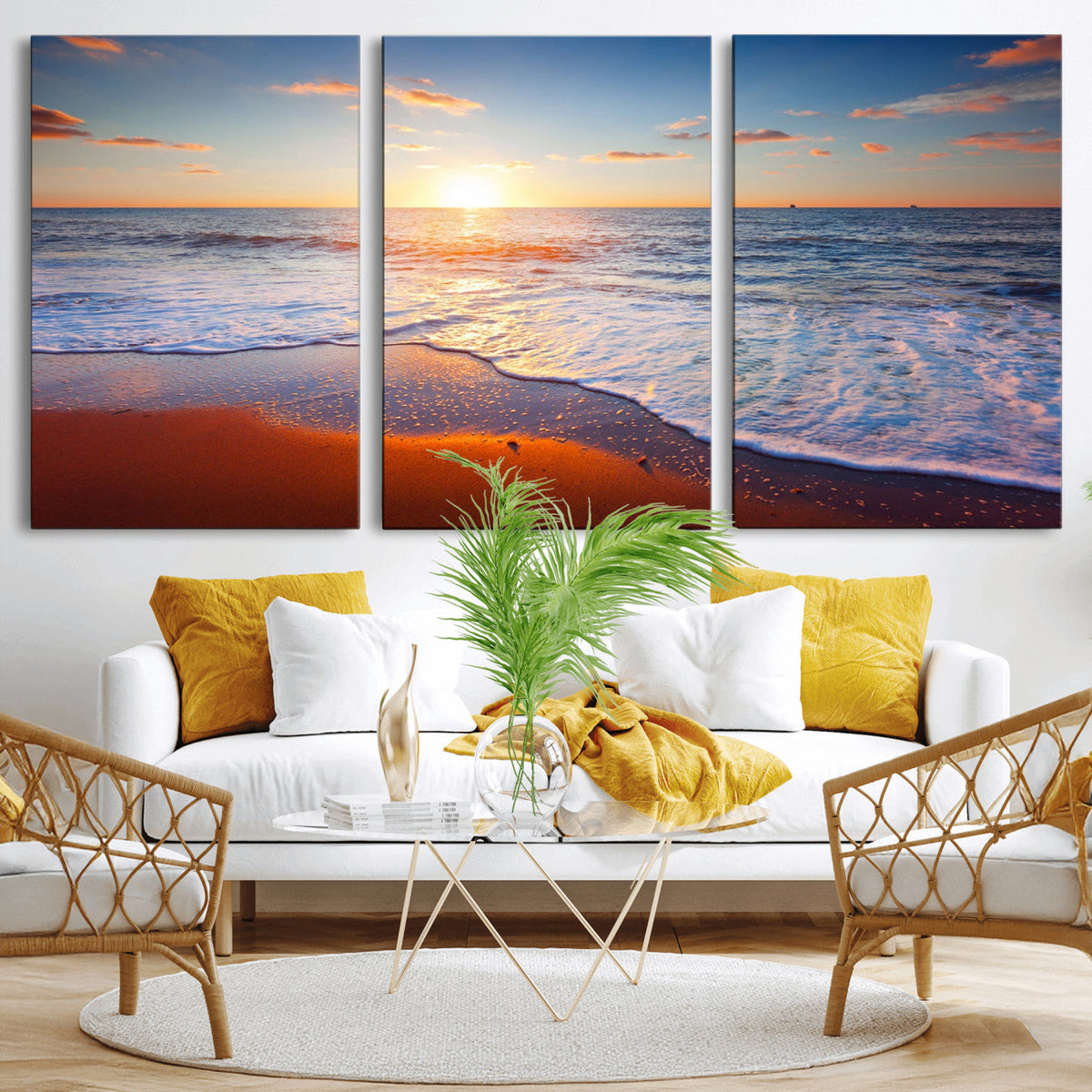 Tropical Ocean Sunset Wall Art Canvas Print, Golden Beach Horizon, Coastal Island Decor