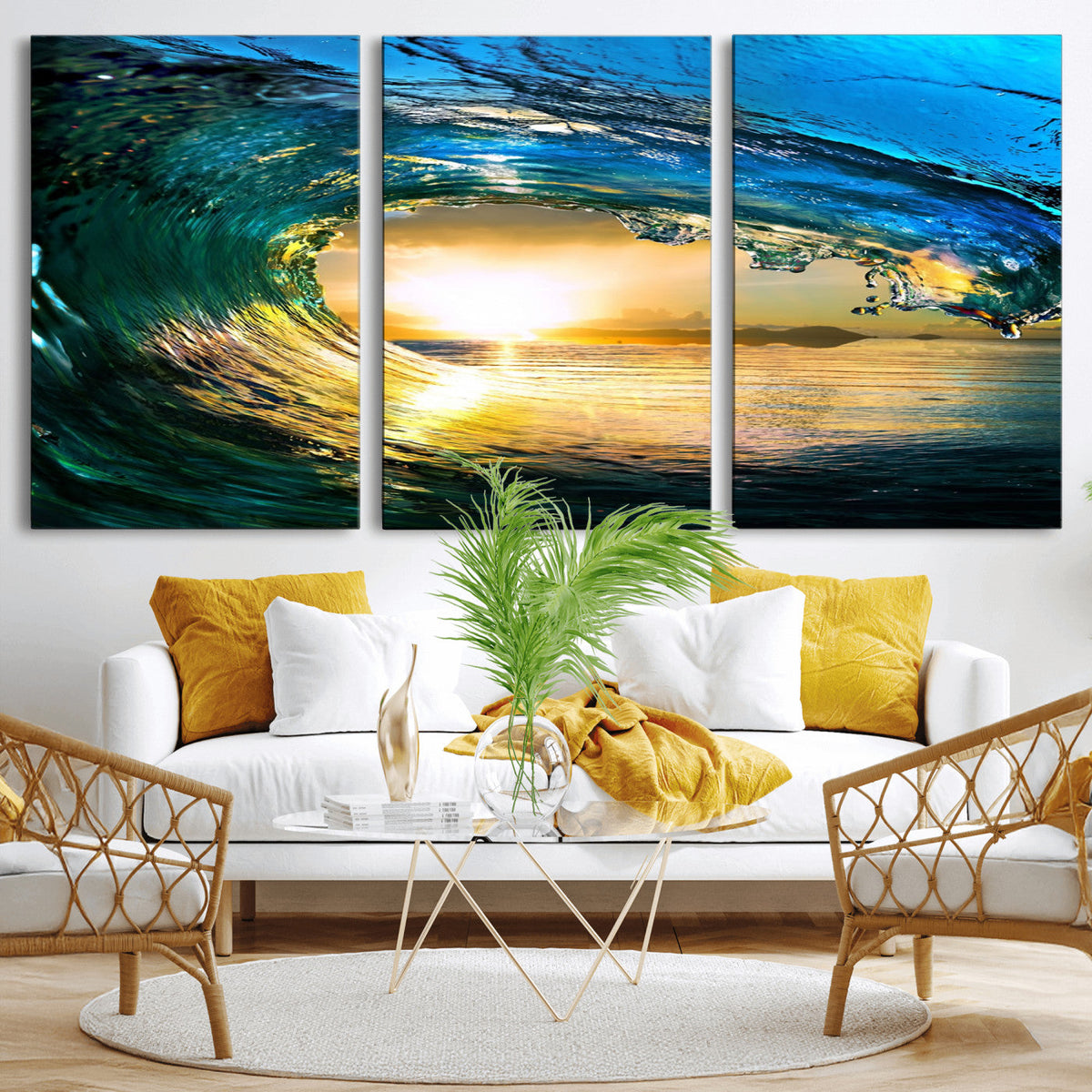 Ocean Wave at Sunset Canvas Art, Large Wall Print of Vibrant Surfing Wave