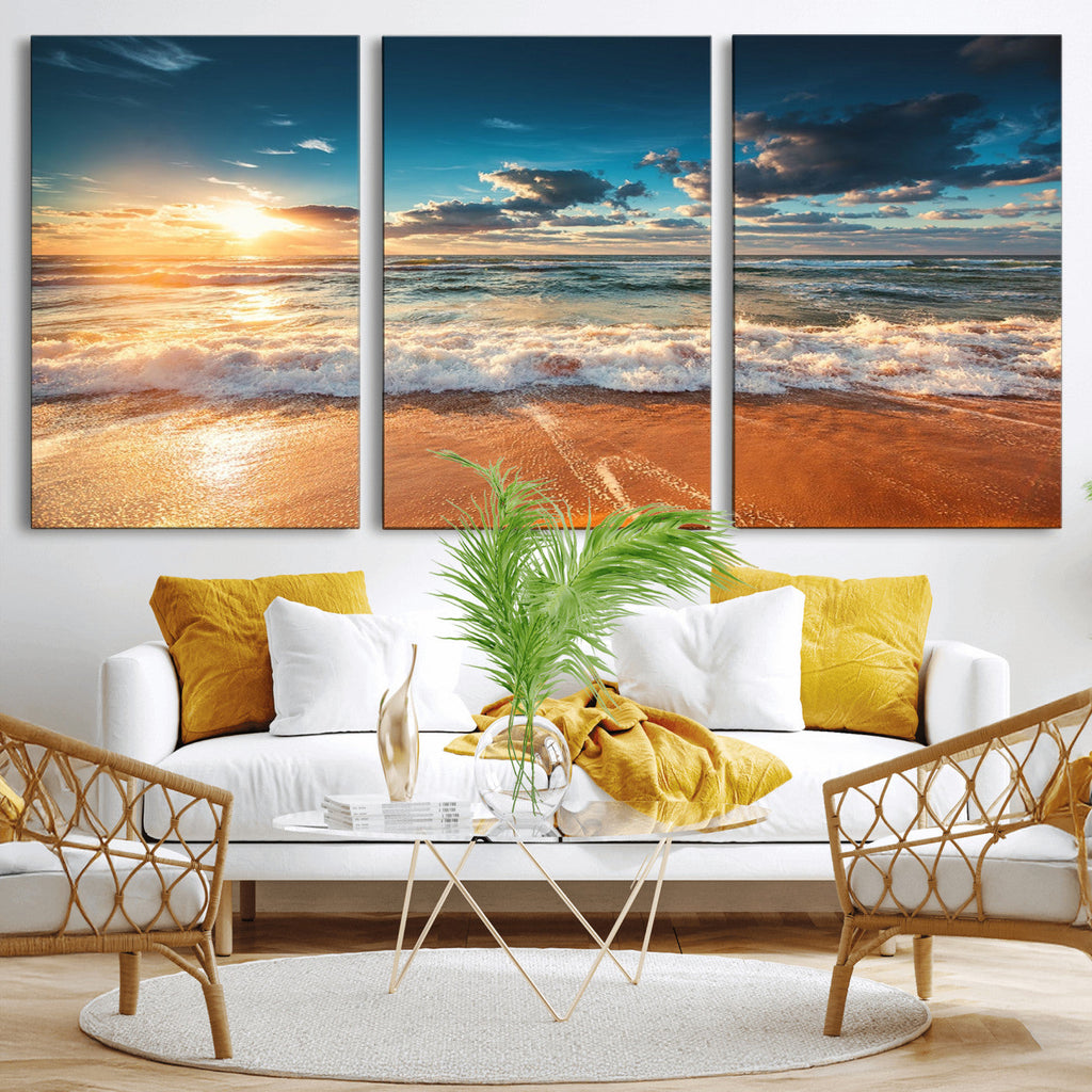 Golden Sunset Beach Triptych Canvas Art, Giclee Coastal Wall Decor, Ocean Waves Print