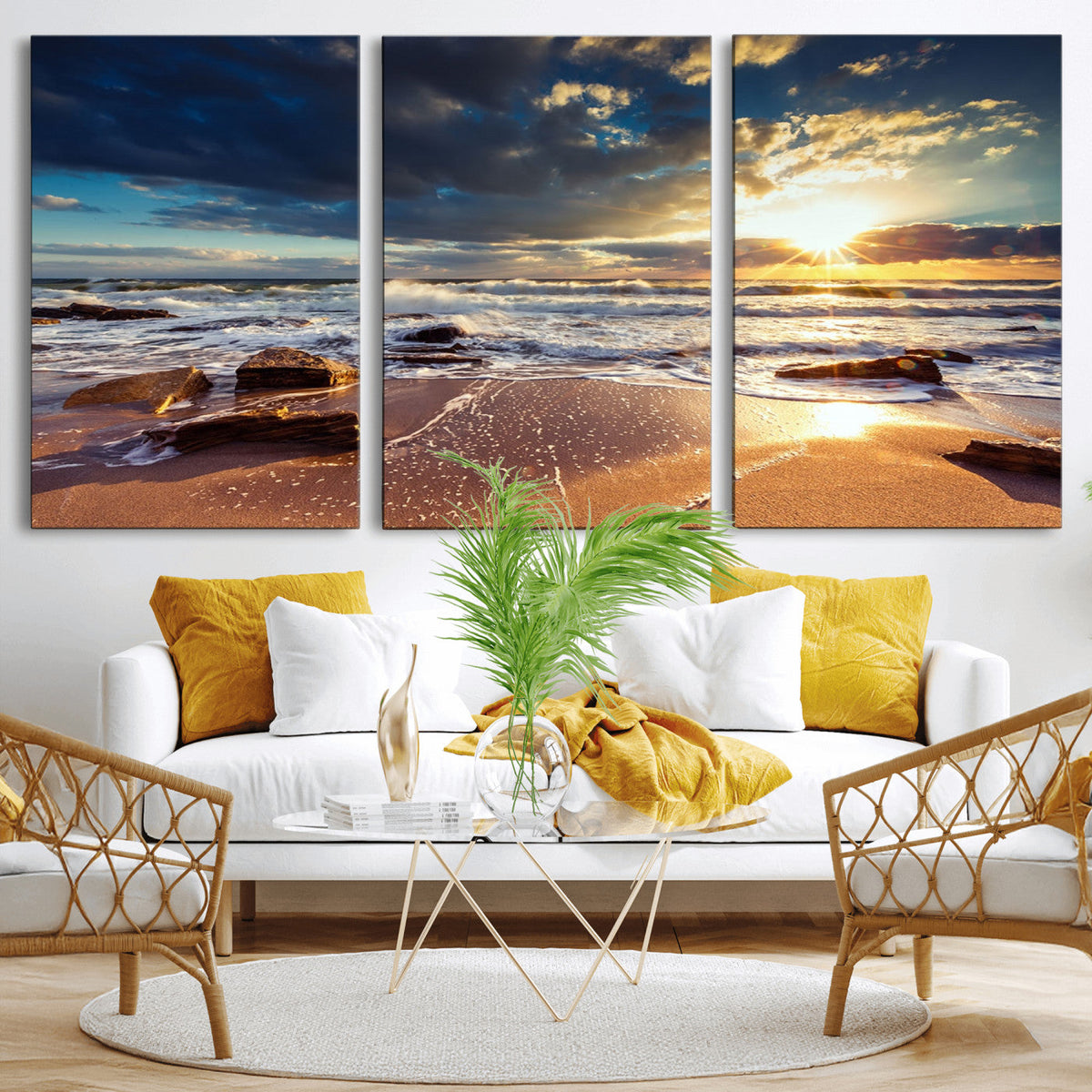 Golden Hour Beach Sunset Canvas Triptych, Ocean Waves and Rocks Wall Art