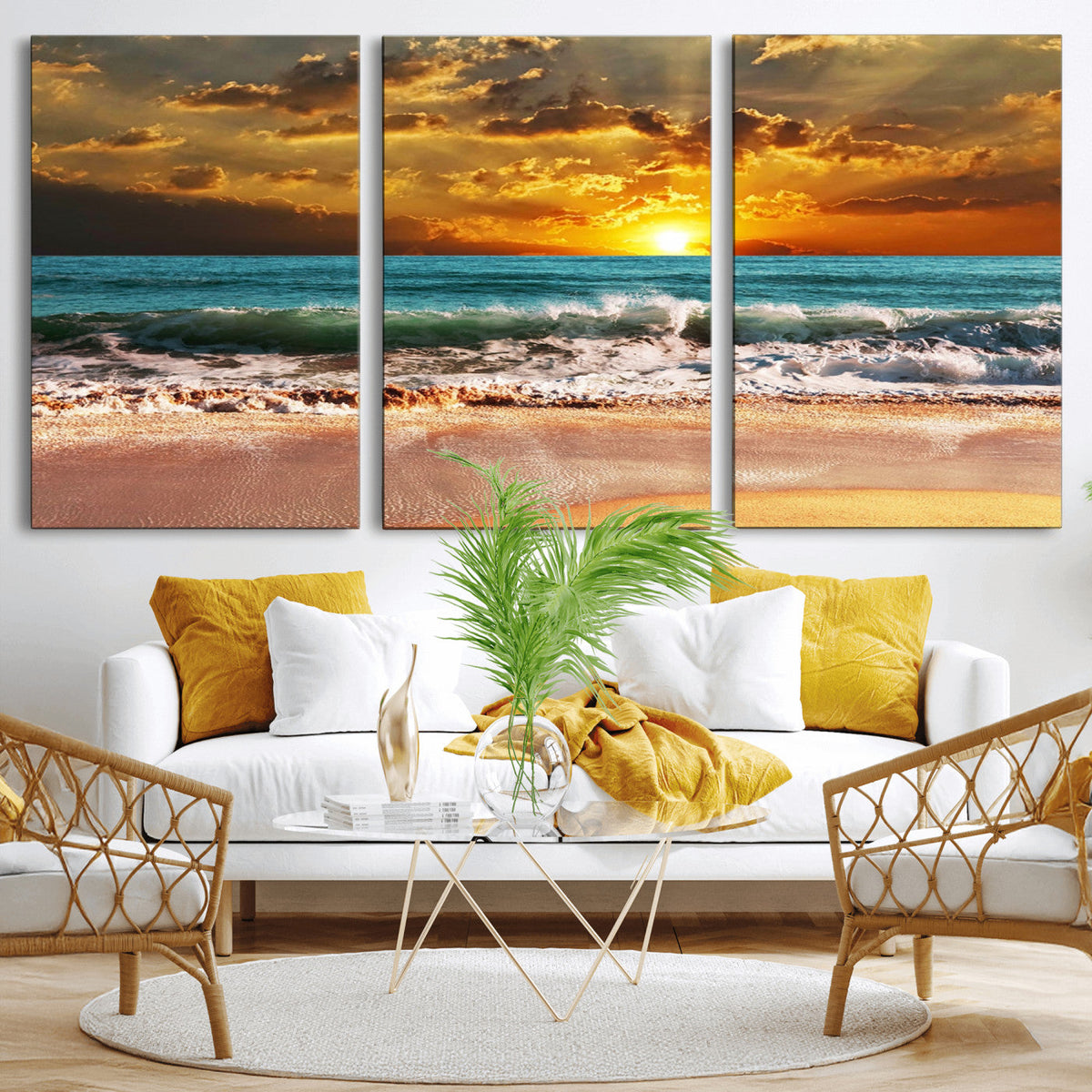 Golden Sunset Beach Canvas Wall Art | Triptych Seascape Print, Framed and Ready to Hang