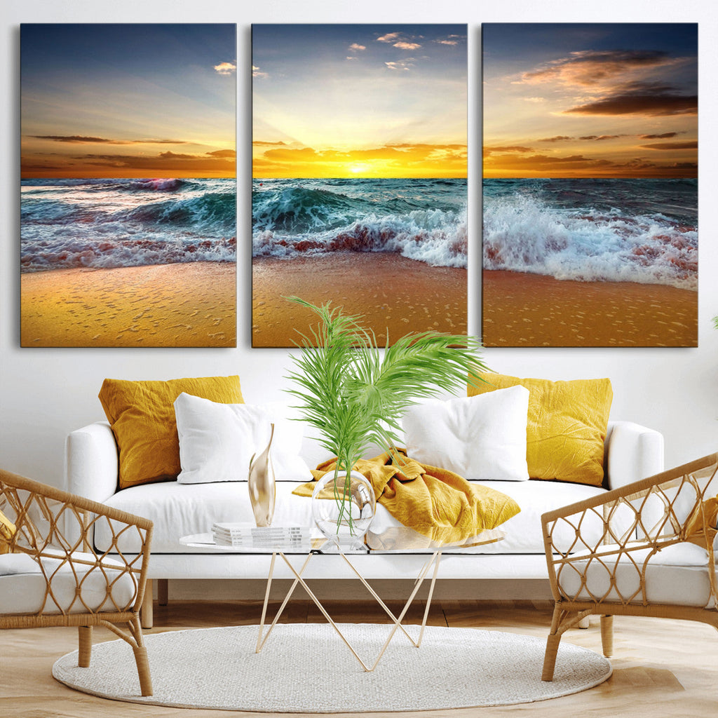 Golden Sunset Ocean Waves Wall Art Canvas Print | Multi Panel Beach Canvas Set, Coastal Triptych