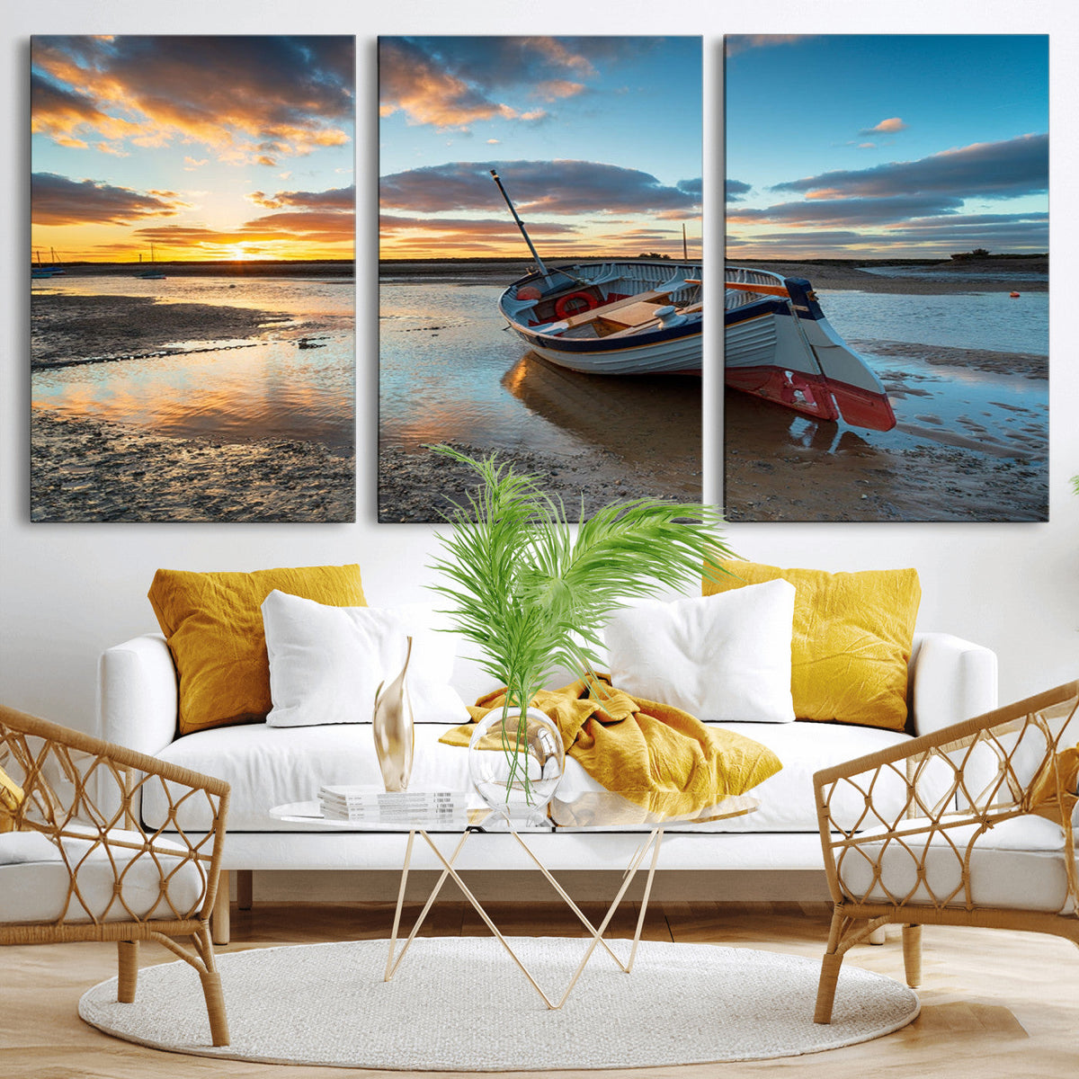 Small Boat At The Beach Sunset Wall Art, Boat Sunset Wall Art Canvas Print