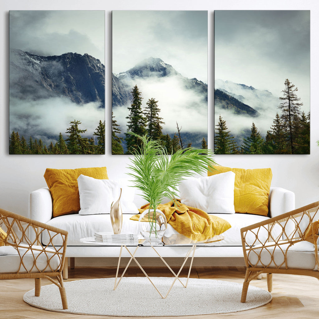 Mountain Mist Canvas Wall Art Print | 3-Panel Foggy Forest and Mountain Landscape