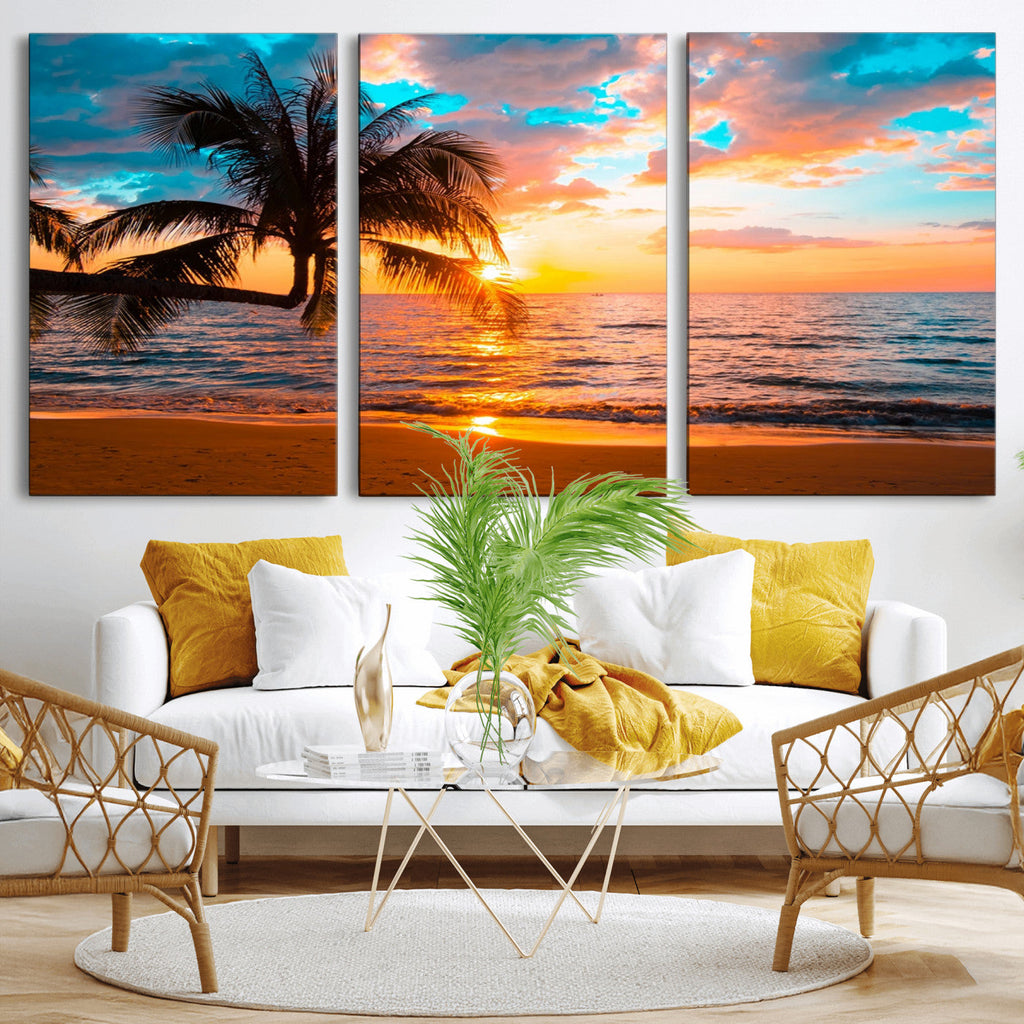 Palm Tree Sunset On The Beach Wall Art Canvas, Framed Palm Tree Sunset Canvas Print