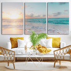 Tranquil Ocean Beach Sunset Canvas Wall Art | 3-Panel Coastal Decor