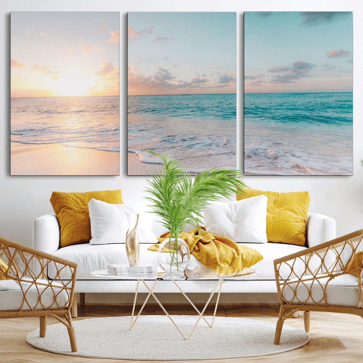 Tranquil Ocean Beach Sunset Canvas Wall Art | 3-Panel Coastal Decor