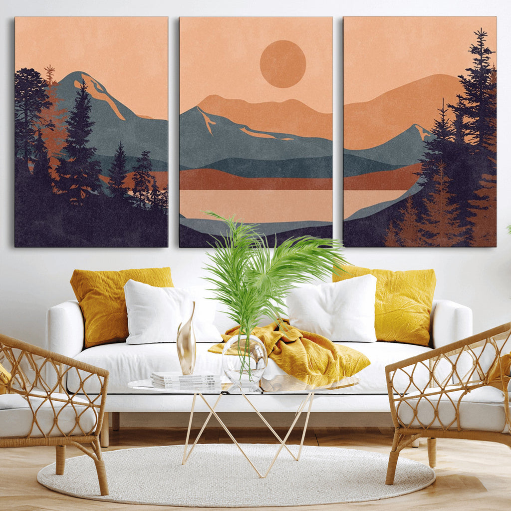 Modern Boho Sunset Canvas Print, Mountain Landscape Triptych