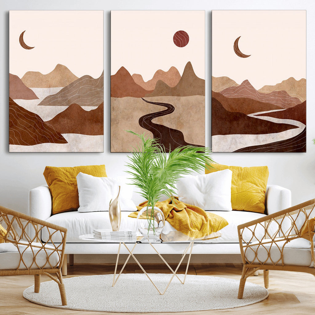 Boho Wall Art Canvas Print Set | Mid-Century Bohemian Wall Artwork, Boho Neutral