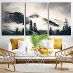 Forest Mountain Print | Black and White Canvas Wall Art with Misty Forest Design