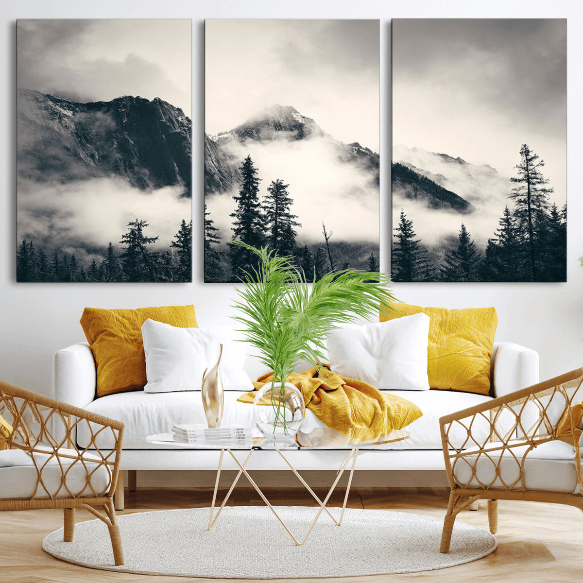 Forest Mountain Print | Black and White Canvas Wall Art with Misty Forest Design
