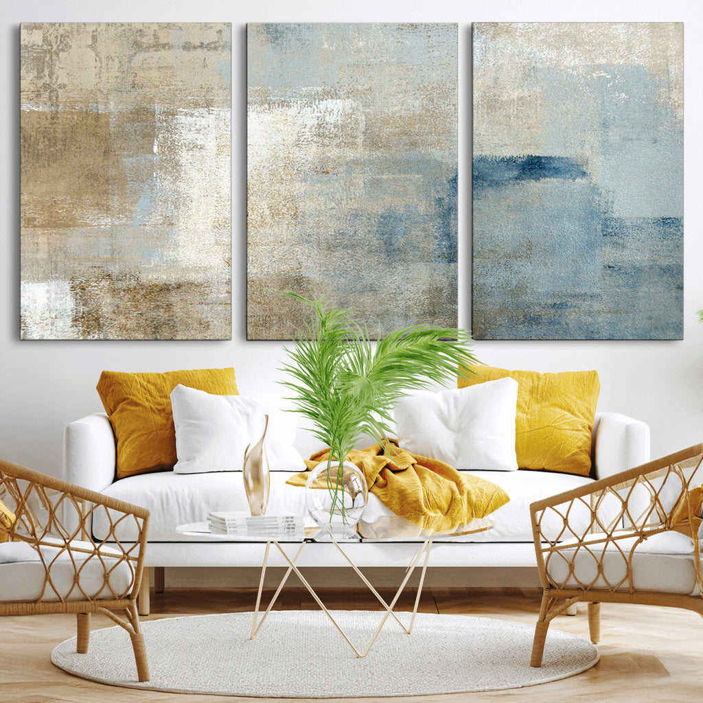 Abstract Blue and Beige Wall Art, Modern Minimalist Canvas Print Set