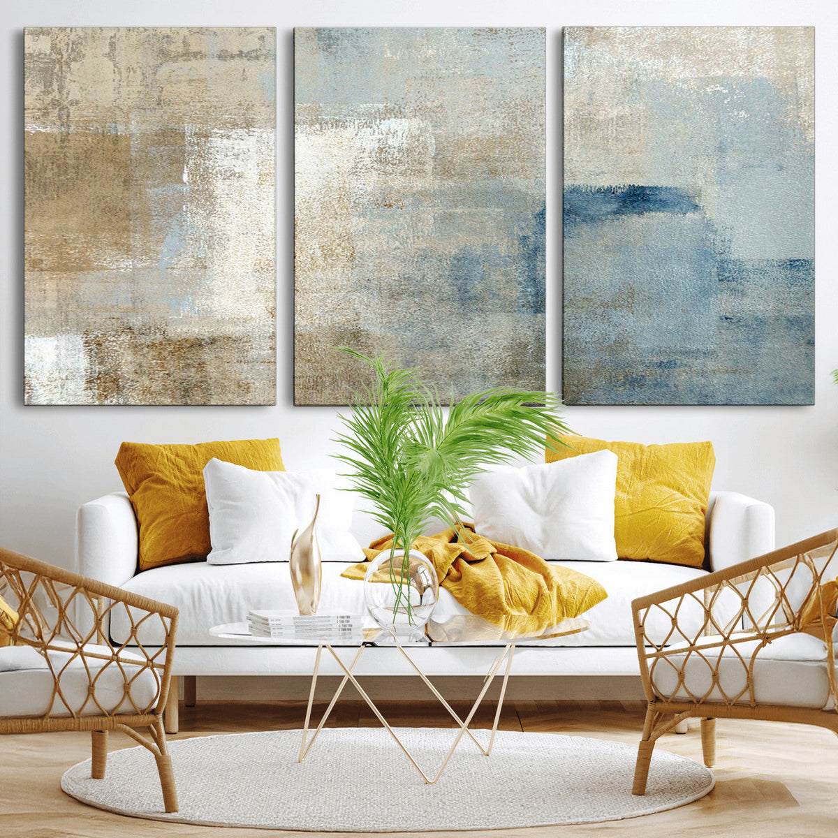 Abstract Blue and Beige Wall Art, Modern Minimalist Canvas Print Set