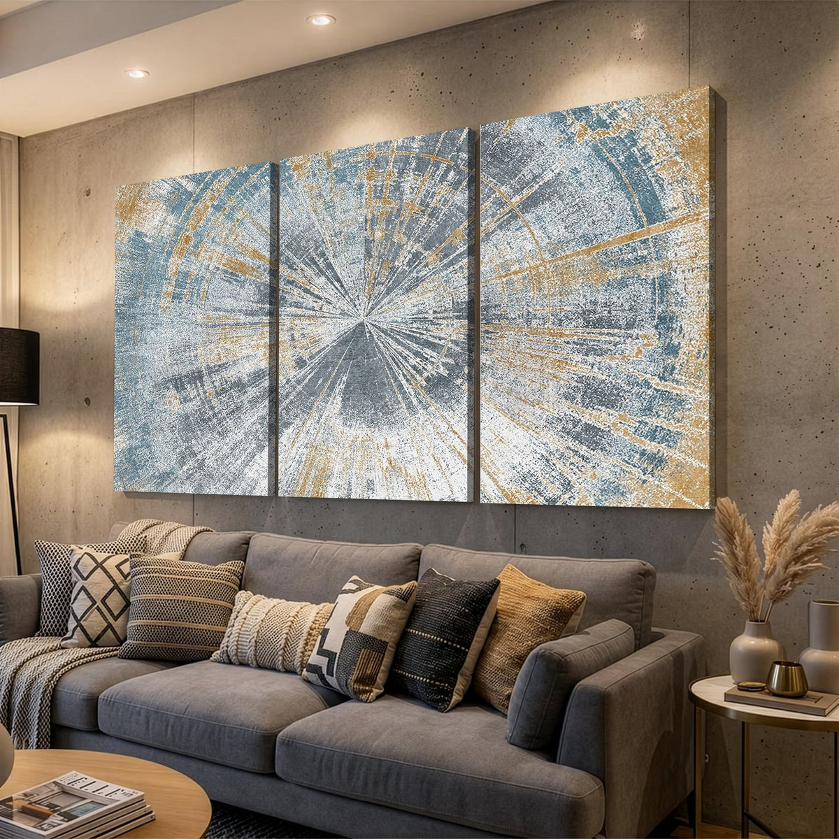Radiant Abstract Wood Rings Canvas Art, Modern Triptych Wall Decor for Living Room or Office