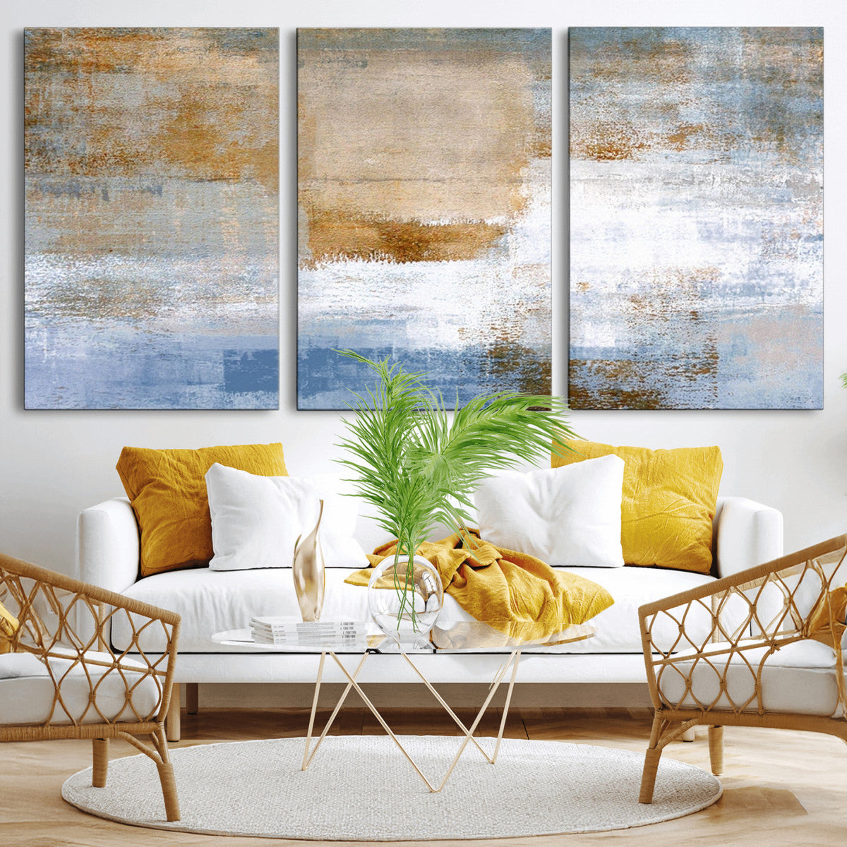 Blue Multi Panel Abstract Wall Art Canvas, Abstract Blue and Gold Canvas Print