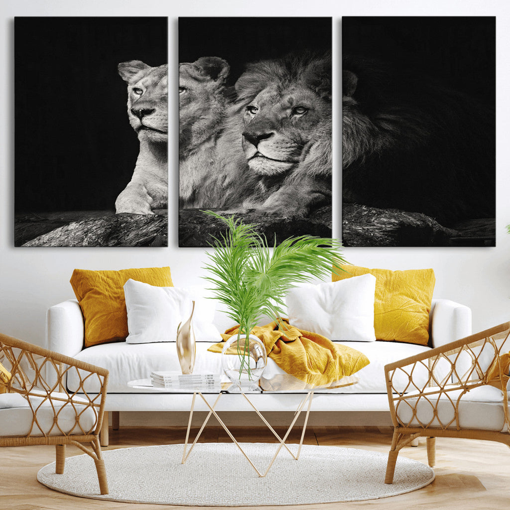 Lion Couple Wall Art Canvas Print, Elegant Black and White Wildlife Portrait