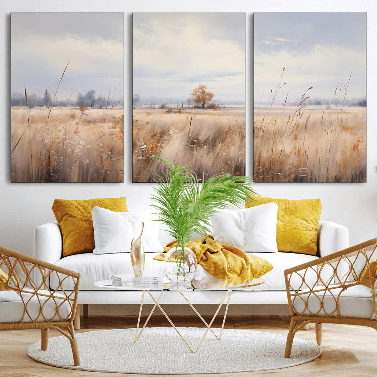 Golden Fields Wall Art Print Canvas | Serene Minimalist Landscape for Farmhouse Decor