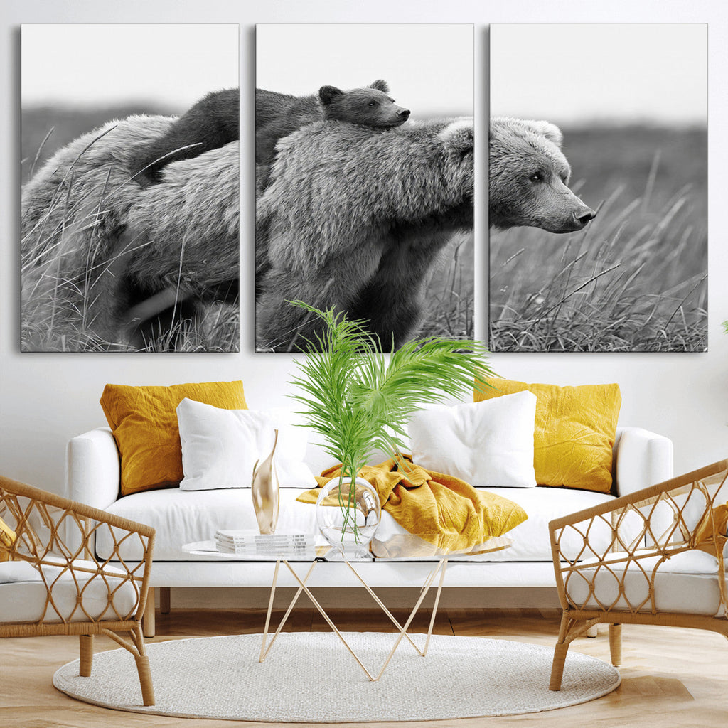 Bear and Cub Wall Art Canvas | Grizzly 399 Bear and Cub Black and White Wildlife Print