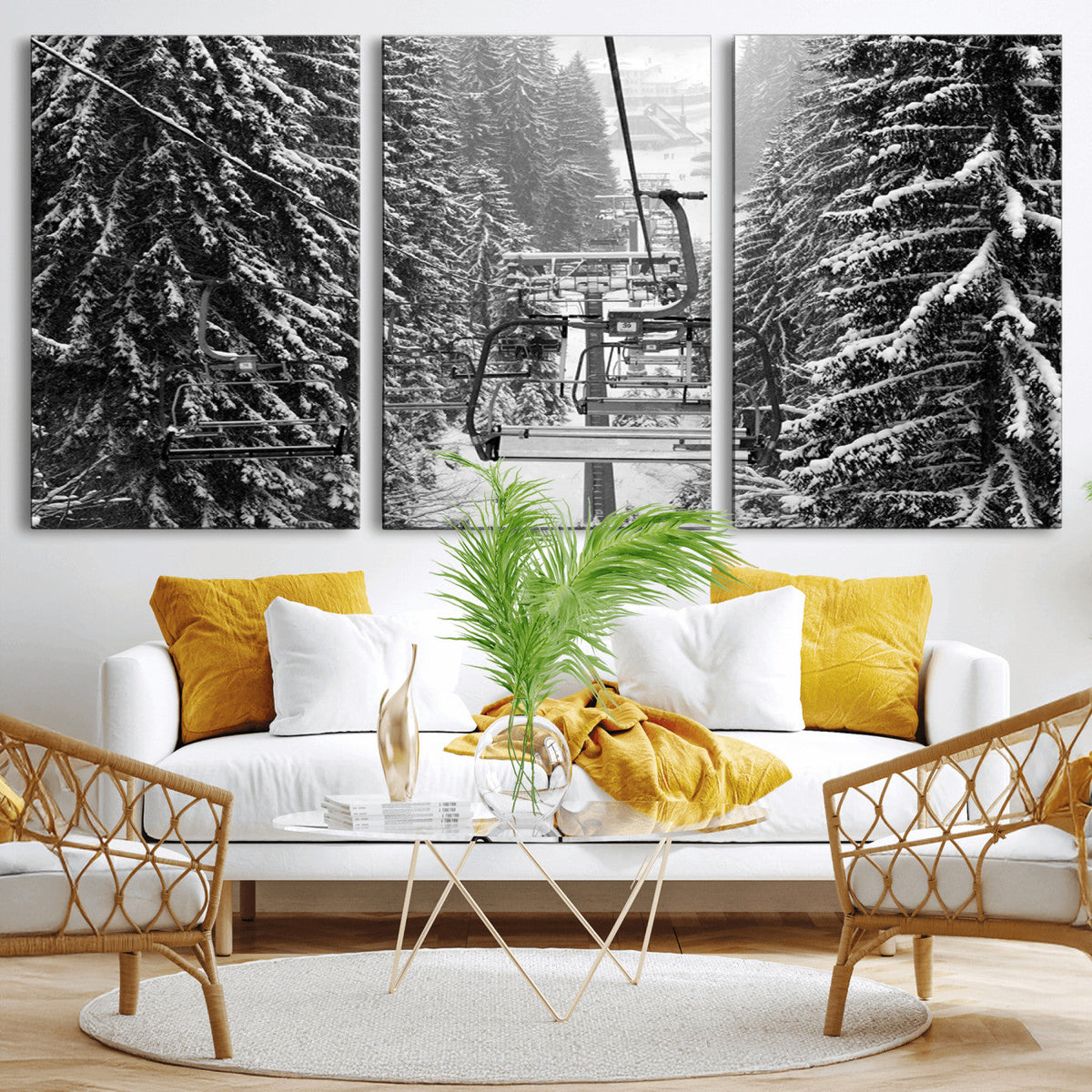 Winter Ski Lift Black and White Canvas Wall Art | Alpine Escape in Minimalist Style